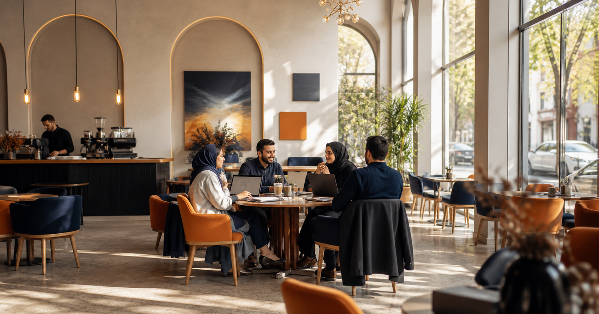 کافهای آرام در ساعت خلوت با چند میز خالی