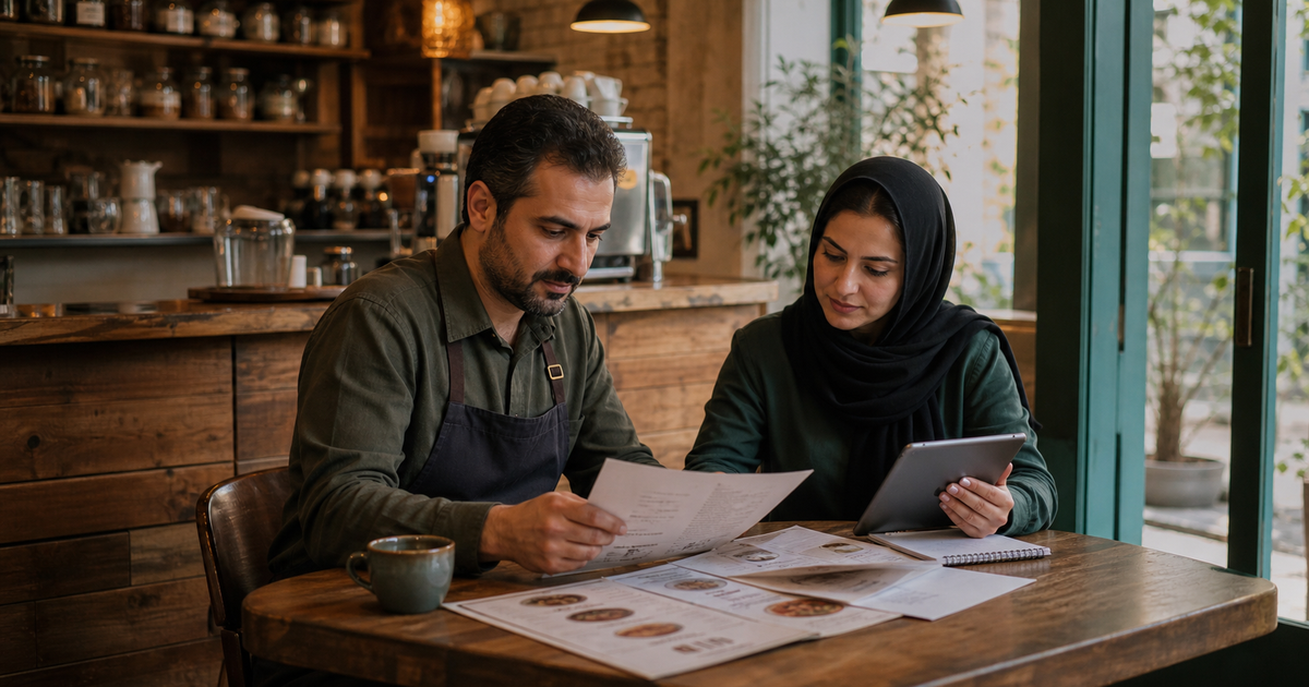 مدیر کافه در حال بازبینی قیمتهای منو و واکنش مشتریان در فضای واقعی کافه